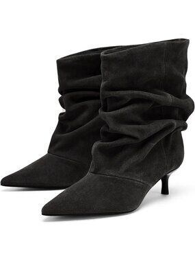 Women's Black Slouchy Pointed Toe Pull On Kitten Heel Casual Short Ankle Boots